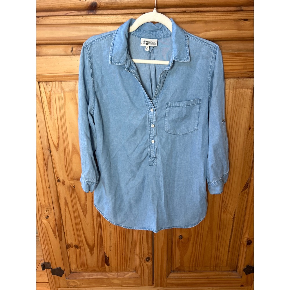 Hester & Orchard Blue Tencel Roll Tab Sleeve Henley Tunic Top Medium